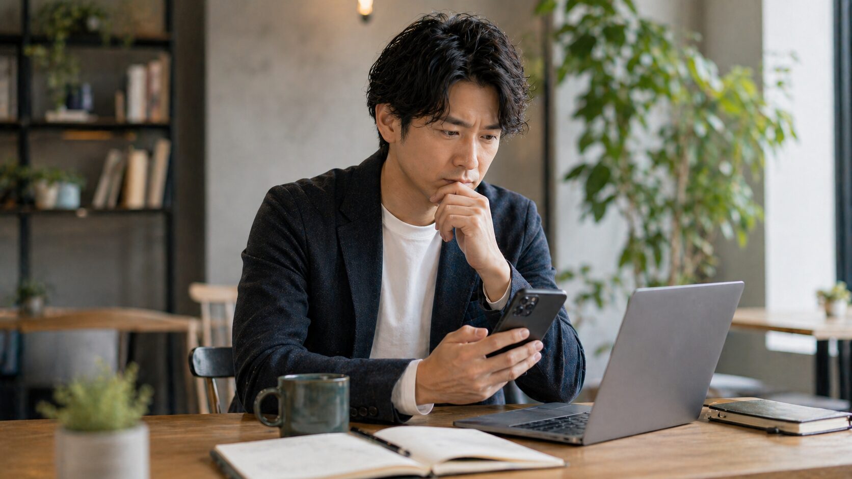 SNS発信の方向性に迷いながらスマートフォンを見るビジネスパーソン