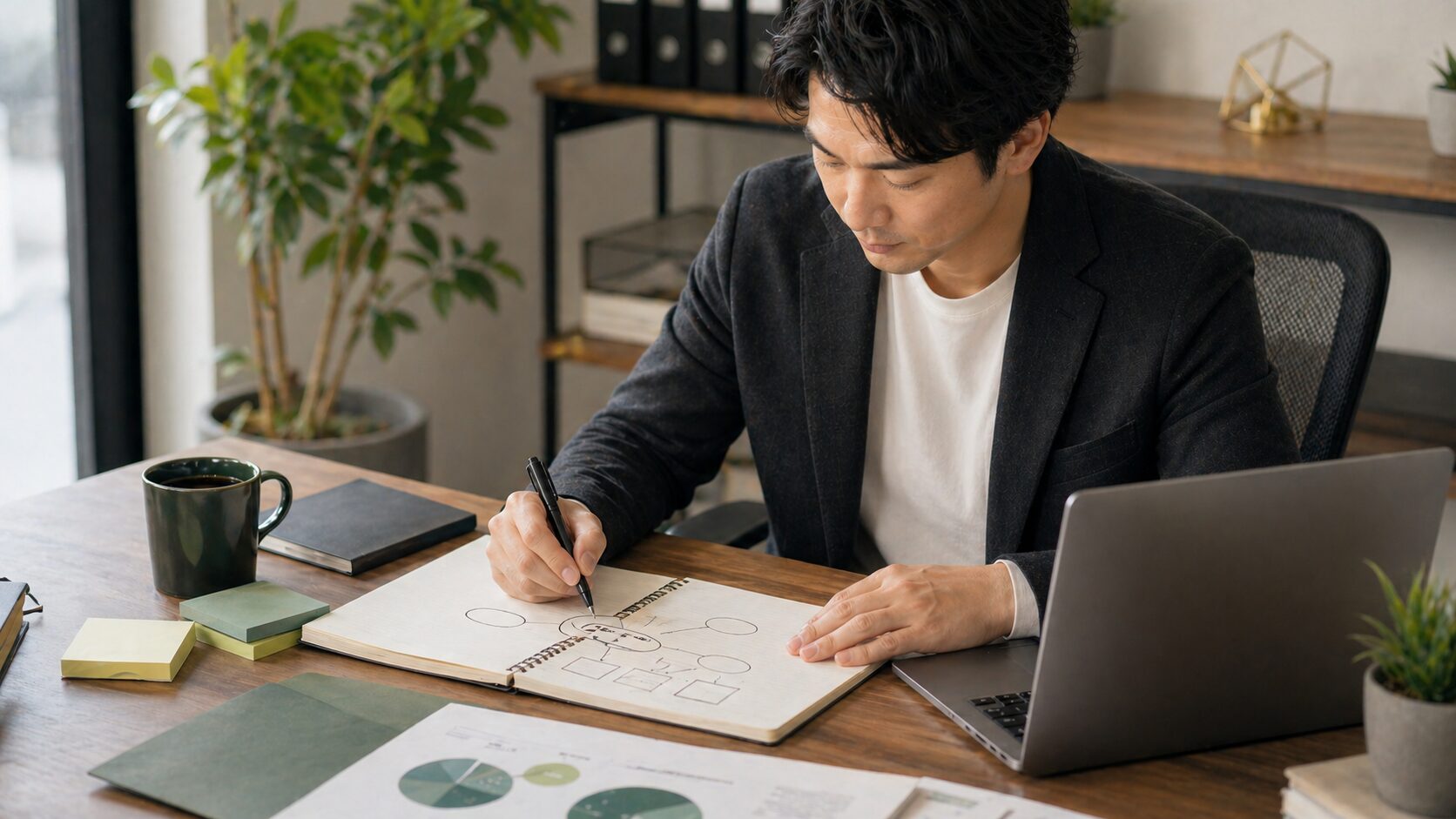 ノートに集客導線の戦略を整理するビジネスパーソン