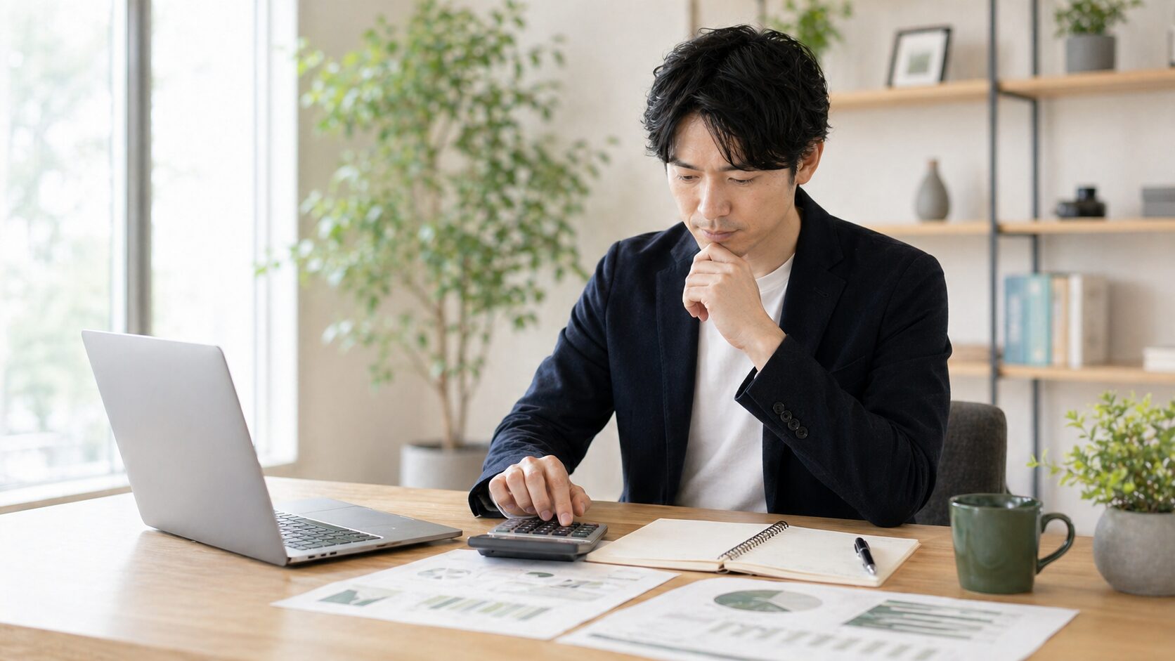 独立前の収支を電卓で確認するビジネスパーソン