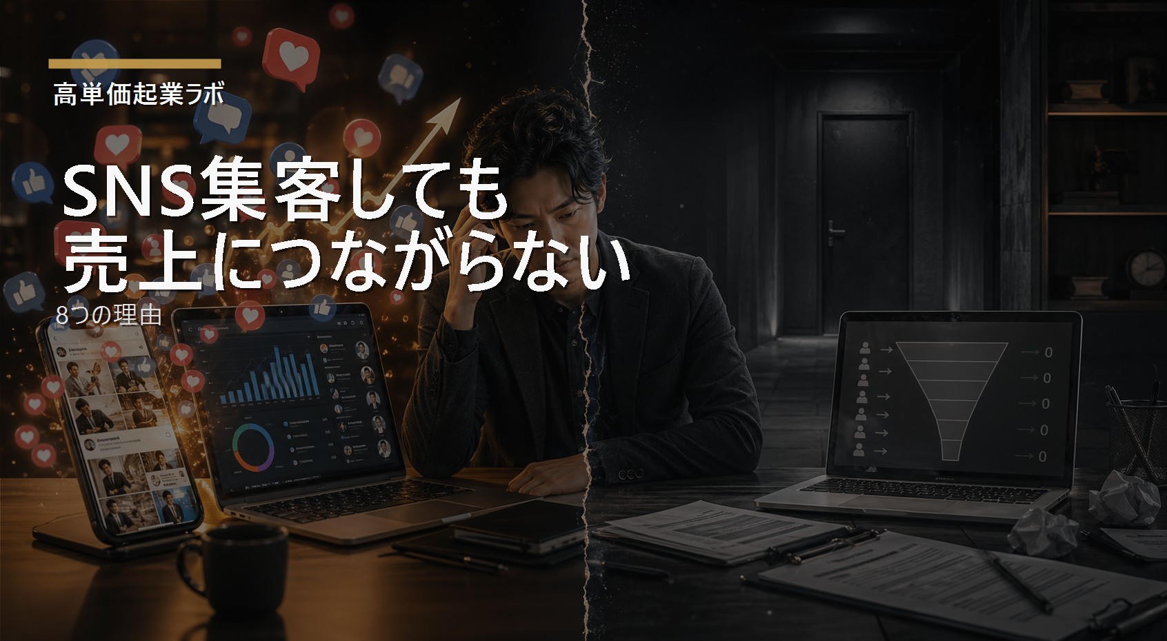 SNS集客が売上につながらない構造を示すビジネスイメージ