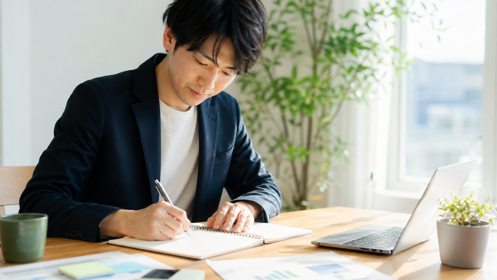 最初のビジネスプランをノートに書き始めるビジネスパーソン