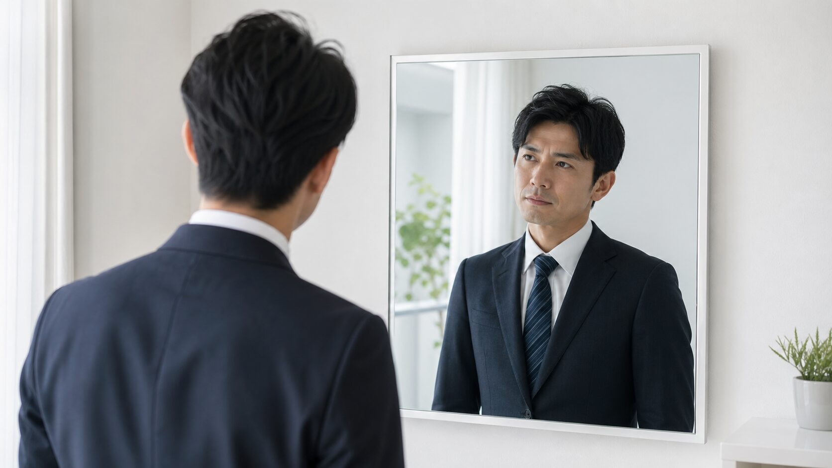 鏡を見ながら自分の経験を見つめ直すビジネスパーソン