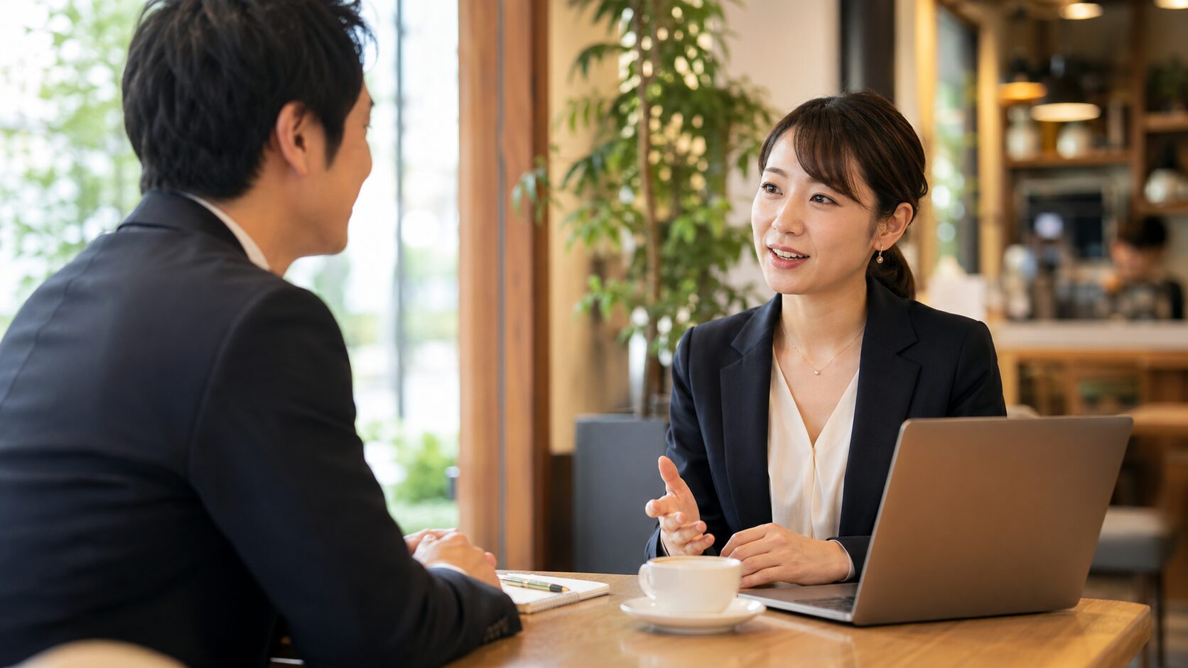 カフェで初回クライアント獲得の相談をするビジネスパーソン
